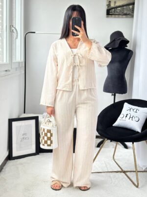 Ensemble Blouse à Nouer et Pantalon à Rayures Beige Blanc