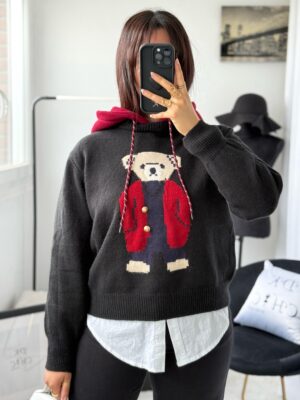 Pull à Capuche Ourson Noir