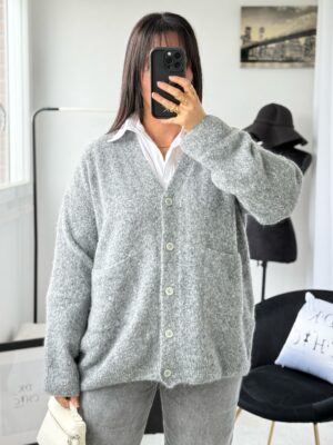 Cardigan Gilet Laine à Poches Mi-Long Gris