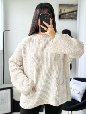 Pull à poches mi-long laine beige