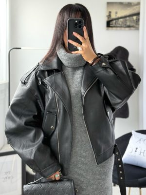 Perfecto à Manches Bouffantes Simili Cuir Noir