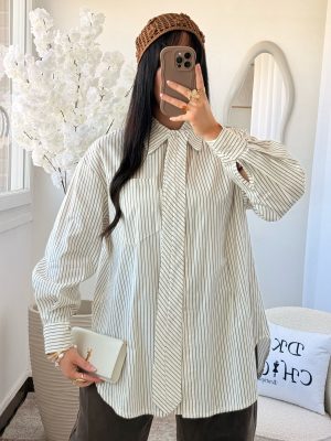 Chemise Rayée Blanc et Marron à Cravate Coton