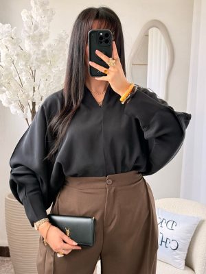 Blouse Col V à Manches Ballon Lana Noir