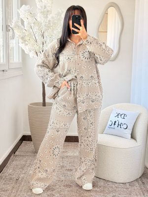 Ensemble Chemise et Pantalon Coton à Motifs Arabesque Taupe
