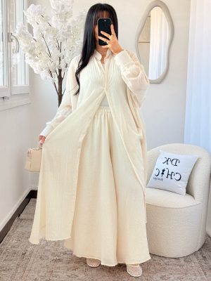 Ensemble Chemise longue et Pantalon Large Coton Beige