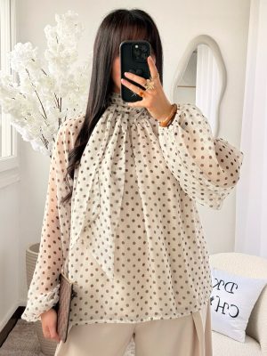 Blouse Col Montant à Pois Beige & Marron