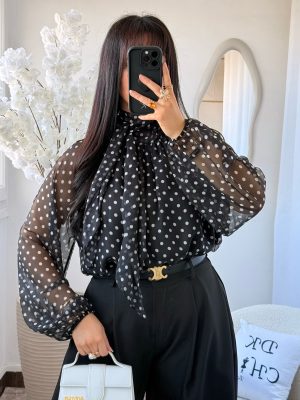 Blouse Col Montant à Pois Noir & Blanc