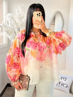 Blouse Romantique à Motifs Floral Rose