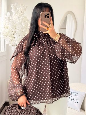 Blouse Col Montant à Pois Marron & Blanc