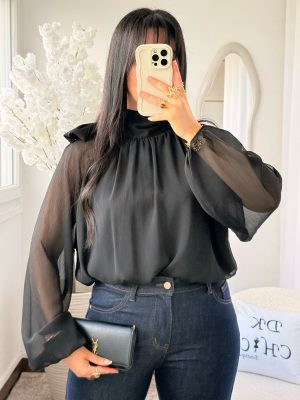 Blouse Col Montant à Nouer Noir