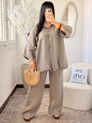 Ensemble Chemise et Pantalon Lin Taupe