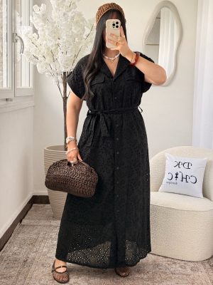 Robe Chemise Broderie Coton à Ceinture Zoé Noir