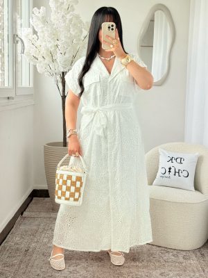 Robe Chemise Broderie Coton à Ceinture Zoé Blanche