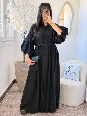 Robe Chemise Manches Bouffantes à Ceinture Siham Noir