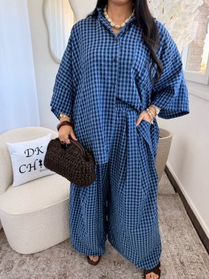 Ensemble Chemise et Pantalon à Carreau Sun Marine Bleu