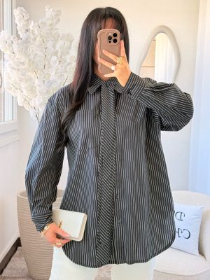 Chemise Rayée Noir et Blanc à Cravate Coton