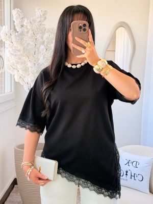 Tee Shirt Asymétrique à Dentelle Elena Noir