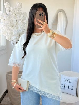 Tee Shirt Asymétrique à Dentelle Elena Blanc