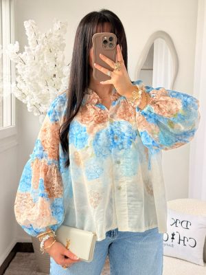 Blouse Romantique à Motifs Floral Bleu