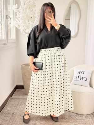 Jupe à Pois Blanche Coton avec Poches Kenza