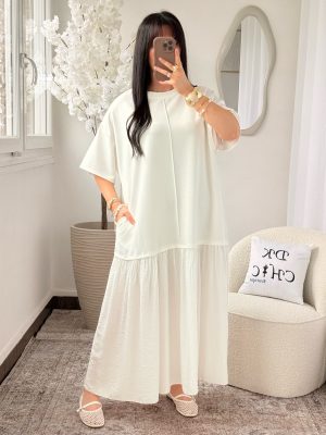 Robe Tee Shirt Bi-Matière à Poches Katie Blanche