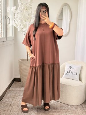 Robe Tee Shirt Bi-Matière à Poches Katie Marron