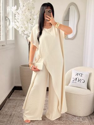 Ensemble Top Long Asymetrique et Pantalon Sarah Beige
