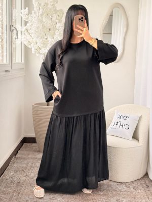 Robe Tee Shirt Manches Longues Bi-Matière à Poches Katie Noir