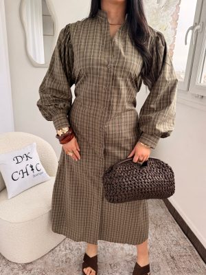Robe à Carreaux avec Ceinture Alice Marron Coton