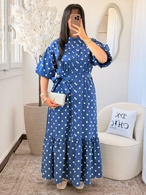 Robe à Pois Bleu Marine Coton Siham