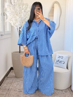 Ensemble Chemise et Pantalon à Carreau Coton Blanc Bleu