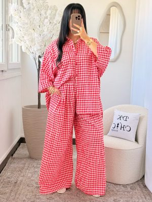 Ensemble Chemise et Pantalon à Carreau Coton Blanc Rouge