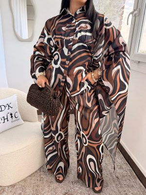 Ensemble Chemise à Cintrer Manches Papillon et Pantalon Lin à Motifs Marron