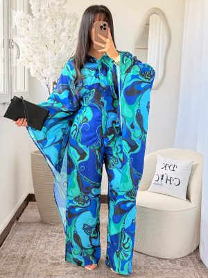 Ensemble Chemise à Cintrer Manches Papillon et Pantalon Lin à Motifs Bleu