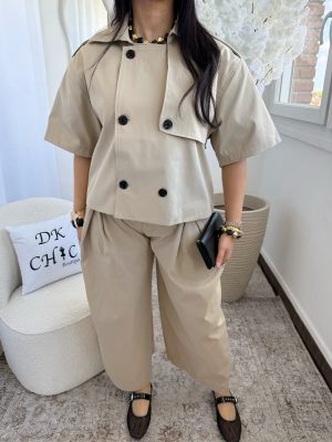 Ensemble Trench Court et Pantalon Ballon Coton Massilya Taupe