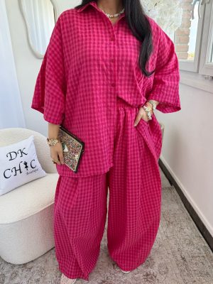 Ensemble Chemise et Pantalon à Carreau Sun Framboise