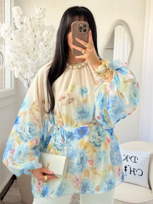 Blouse à Ceinture Motifs Floral Lina Bleu