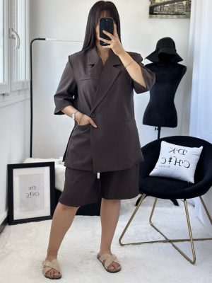 Ensemble Blazer Manches Courtes à poches et Bermuda Marron