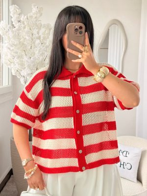 Gilet Crochet à Rayures Sienna Coton Rouge Blanc