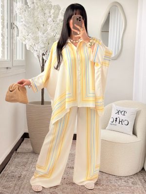 Ensemble Chemise et Pantalon Dilara Blanc à motifs Jaune