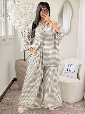 Ensemble Chemise et Pantalon à Carreau Coton Blanc Taupe