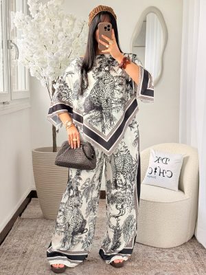 Ensemble Top et Pantalon Diana Blanc à motifs Noir