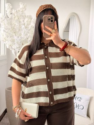 Gilet Crochet à Rayures Sienna Coton Marron Blanc
