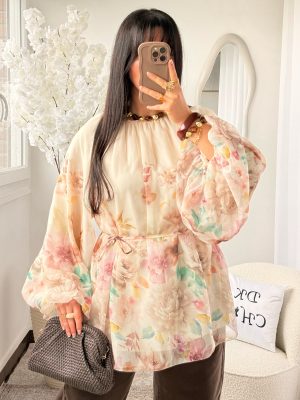 Blouse à Ceinture Motifs Floral Lina Marron
