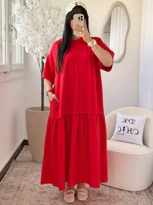Robe Tee Shirt Bi-Matière à Poches Katie Rouge